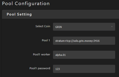 iPollo G1 Pool Configuration — Select Coin GRIN, Pool 1 stratum URL, Pool1 worker, Pool1 password